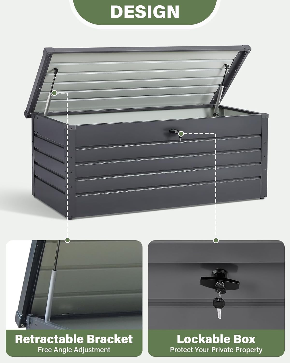 Egardenkart Metal Outdoor Storage Box 600L | Lockable | Heavy Duty Hydraulic Lid | Dark Grey