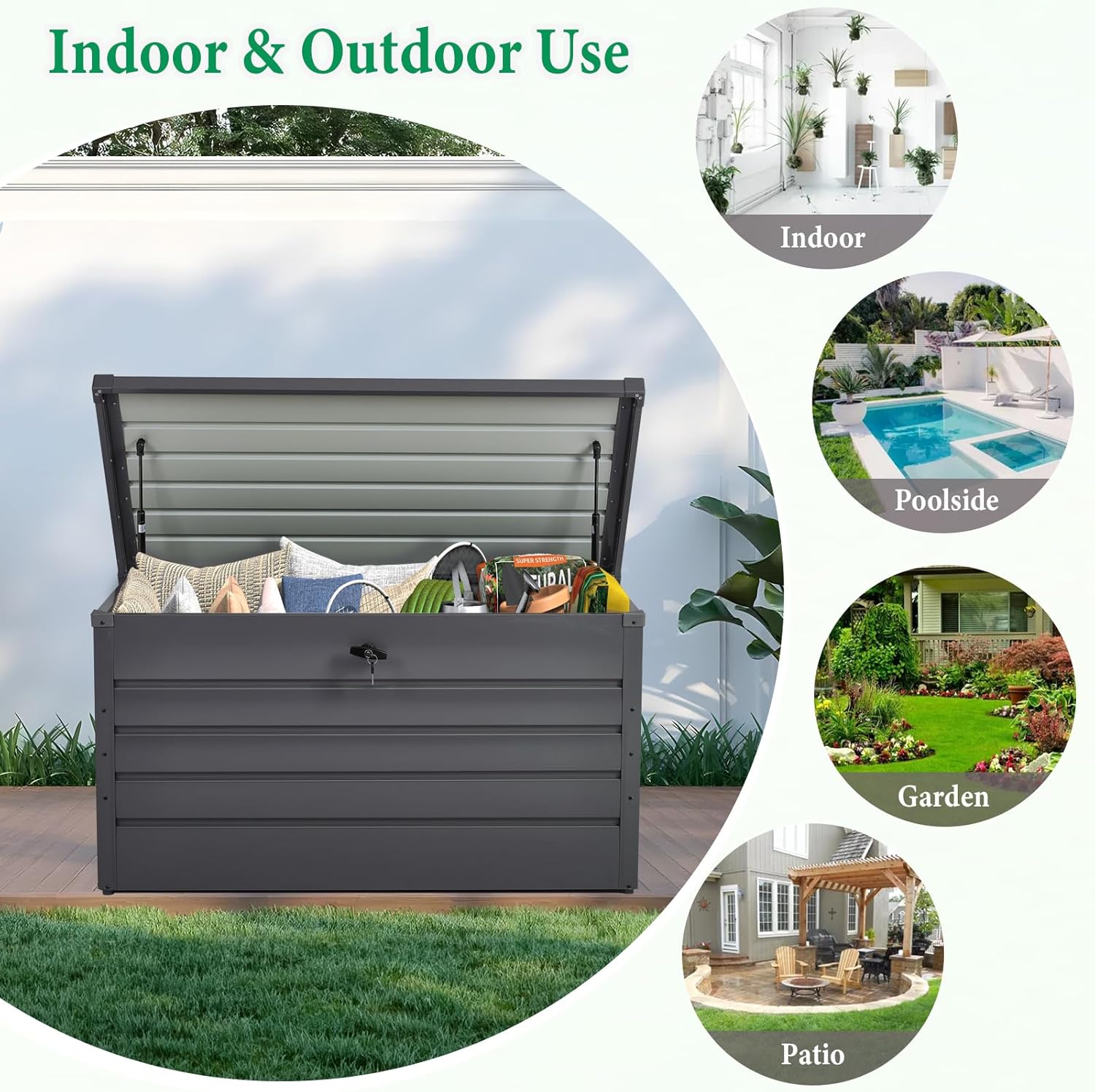 Egardenkart Metal Outdoor Storage Box 600L | Lockable | Heavy Duty Hydraulic Lid | Dark Grey