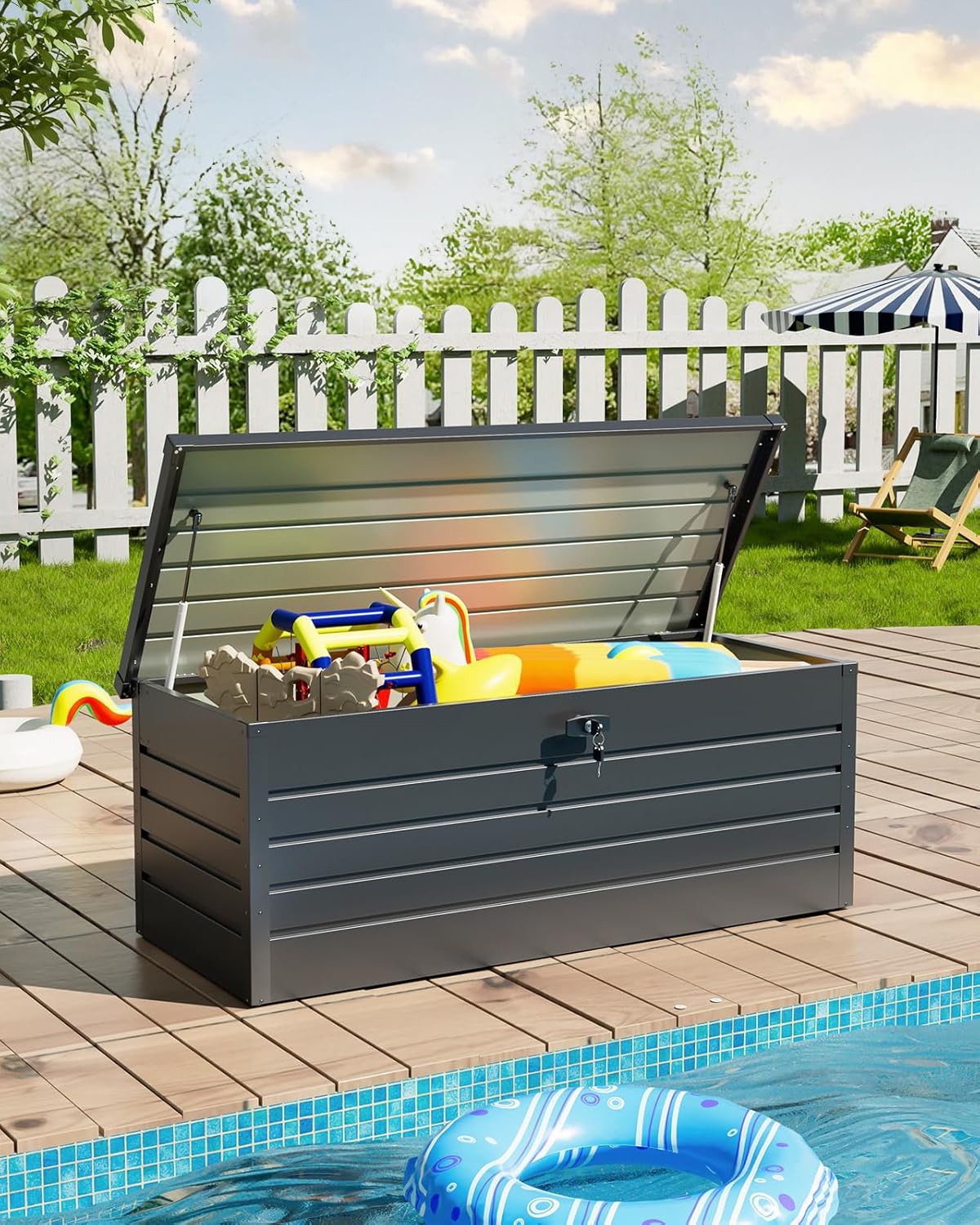 Egardenkart Metal Outdoor Storage Box 600L | Lockable | Heavy Duty Hydraulic Lid | Dark Grey