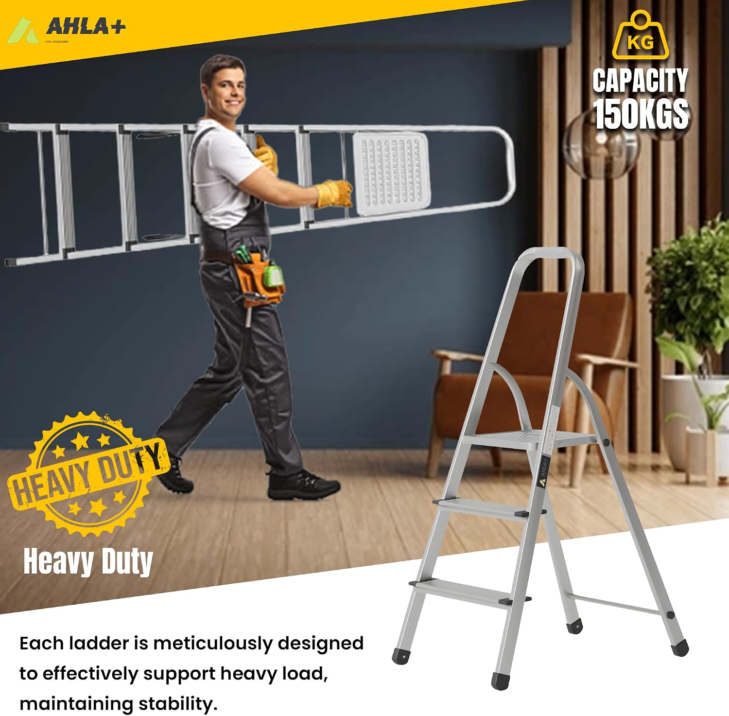 Ahla+® Aluminium Step Ladder Anti-Slip | Foldable | Portable Lightweight  3 Step