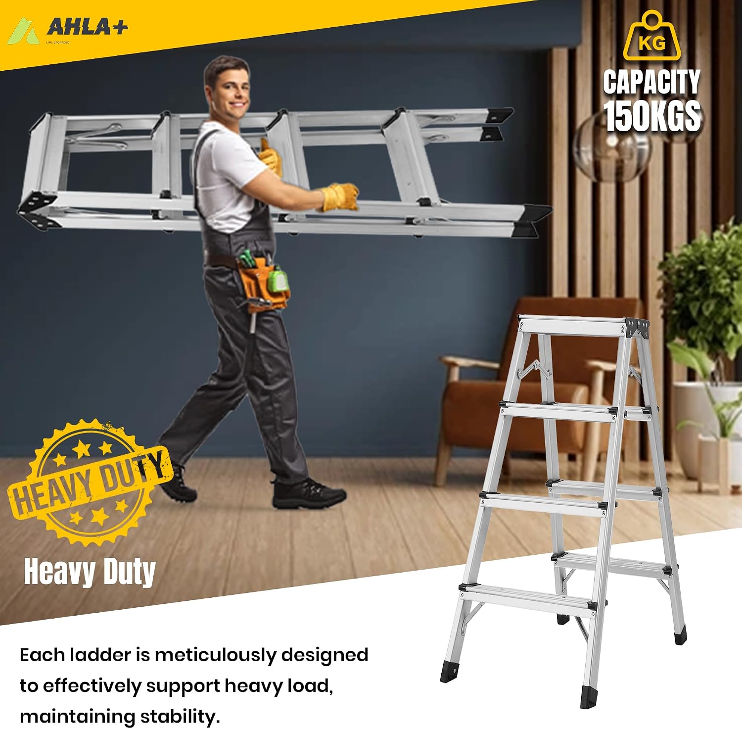 Aluminium Step Ladder - Double Side Foldable Ladder | Anti-Slip Step Ladder for Home, Kitchen, Garden, Office | Lightweight, Portable Aluminium Ladder for Indoor and Outdoor Use (Silver)