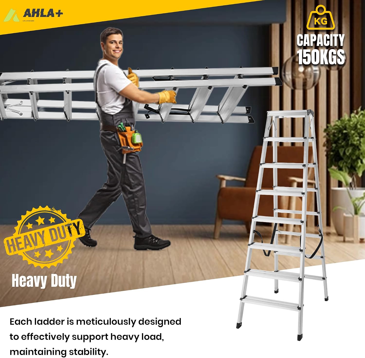 Aluminium Step Ladder - Double Side Foldable Ladder | Anti-Slip Step Ladder for Home, Kitchen, Garden, Office | Lightweight, Portable Aluminium Ladder for Indoor and Outdoor Use (Silver)