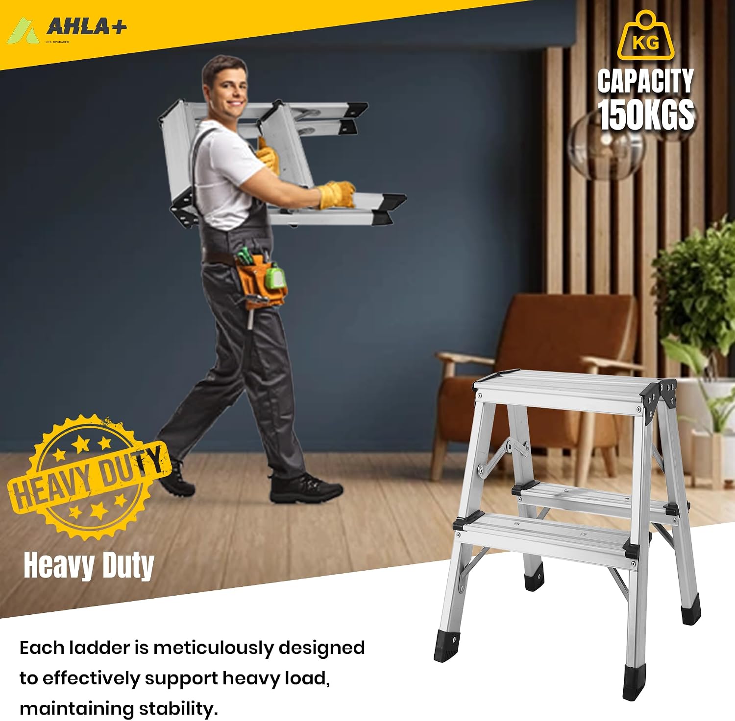 Aluminium Step Ladder - Double Side Foldable Ladder | Anti-Slip Step Ladder for Home, Kitchen, Garden, Office | Lightweight, Portable Aluminium Ladder for Indoor and Outdoor Use (Silver)