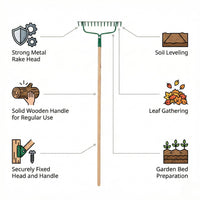 Egardenkart Garden Rake Outdoor - Metal Garden Leaf Rake with Long Wooden Stick for Gardening Tools