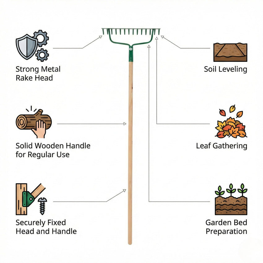 Egardenkart Garden Rake Outdoor - Metal Garden Leaf Rake with Long Wooden Stick for Gardening Tools