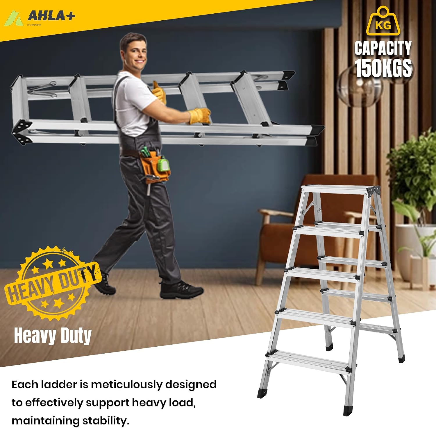 Aluminium Step Ladder - Double Side Foldable Ladder | Anti-Slip Step Ladder for Home, Kitchen, Garden, Office | Lightweight, Portable Aluminium Ladder for Indoor and Outdoor Use (Silver)