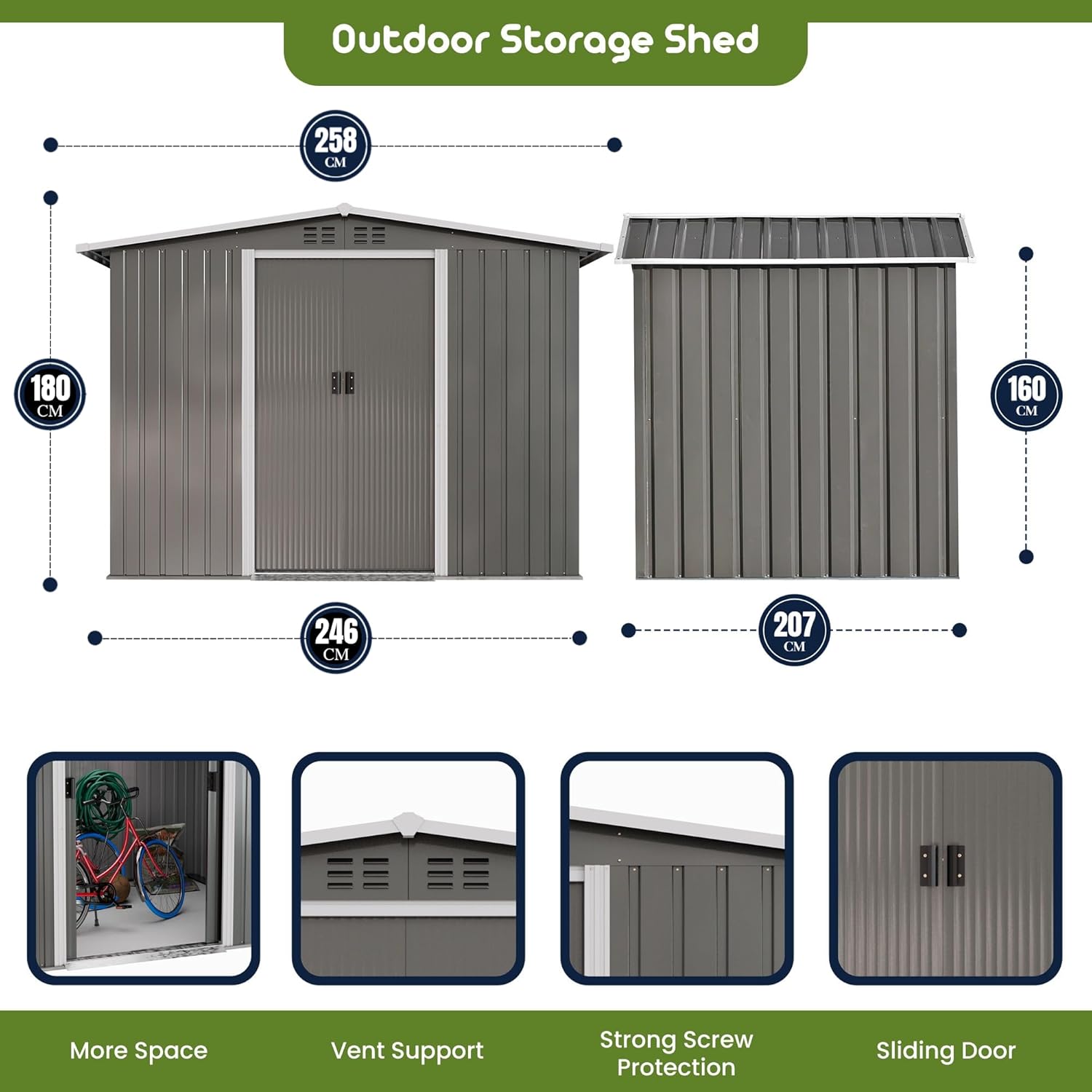 Egardenkart Extra-Large Metal Storage Shed 8.5 × 6.8 FT | Sliding Double Door With Installation