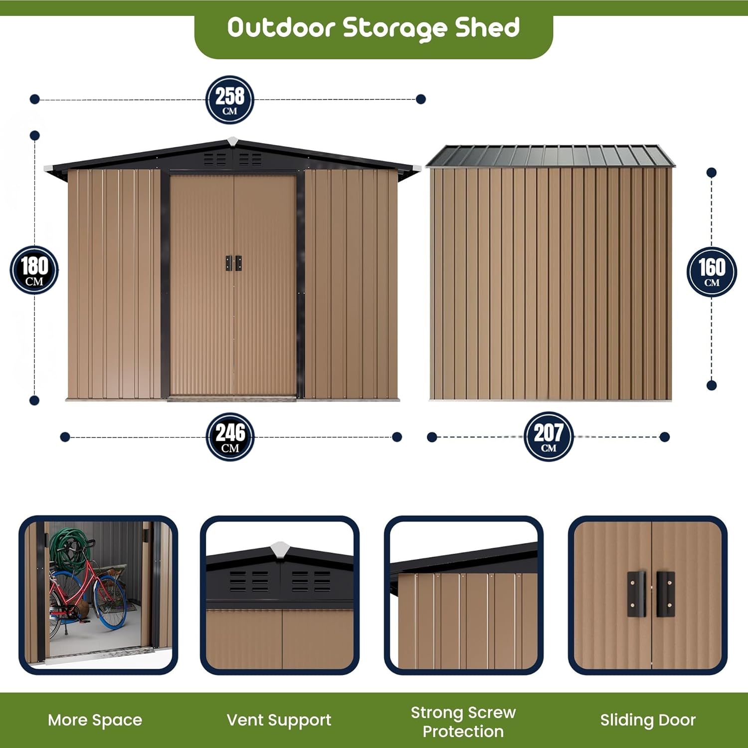 Egardenkart Extra-Large Metal Storage Shed 8.5 × 6.8 FT | Sliding Double Door With Installation
