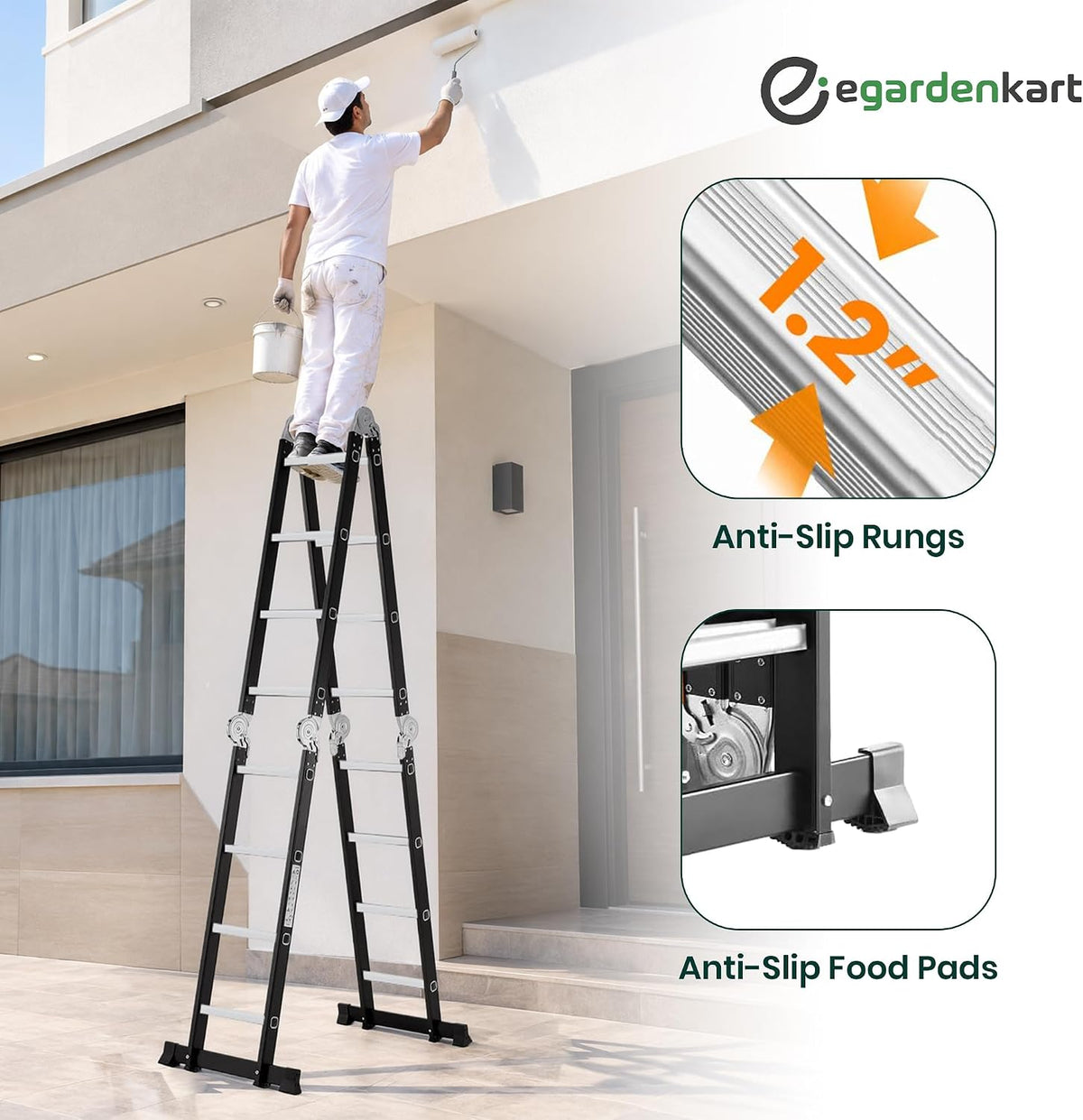 Egardenkart Multi-Purpose Foldable Ladder | Carbon Steel Folding Ladder for Home, Work, and Outdoor Use | Heavy-Duty and Adjustable Ladder Foldable with Grip ( Black)