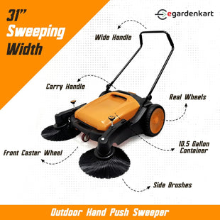 Egardenkart, Walk-Behind Outdoor Hand Push Sweeper - 10.5 Gallon Capacity, 31" Sweeping width, Sweeps up to 30,000 ft²/Hour,