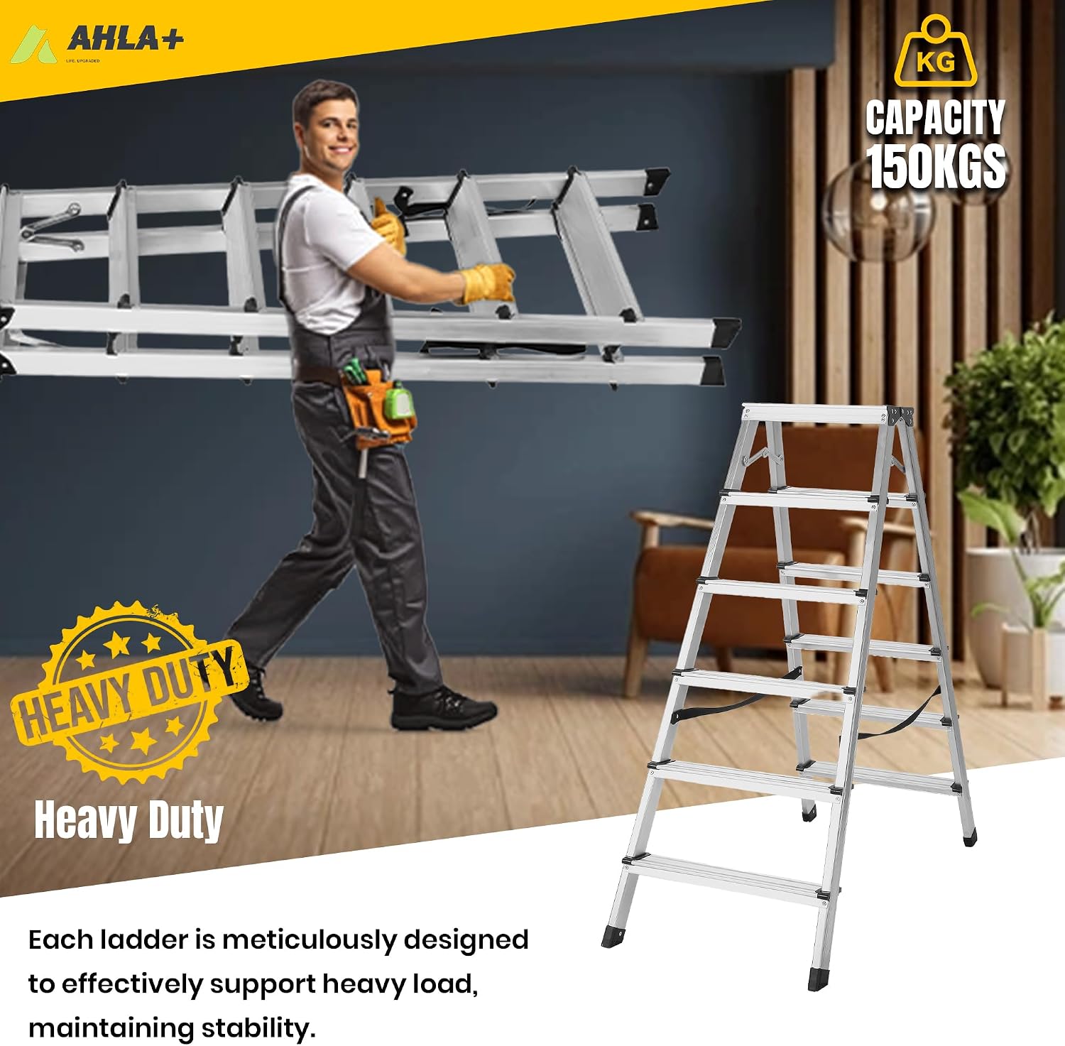 Aluminium Step Ladder - Double Side Foldable Ladder | Anti-Slip Step Ladder for Home, Kitchen, Garden, Office | Lightweight, Portable Aluminium Ladder for Indoor and Outdoor Use (Silver)