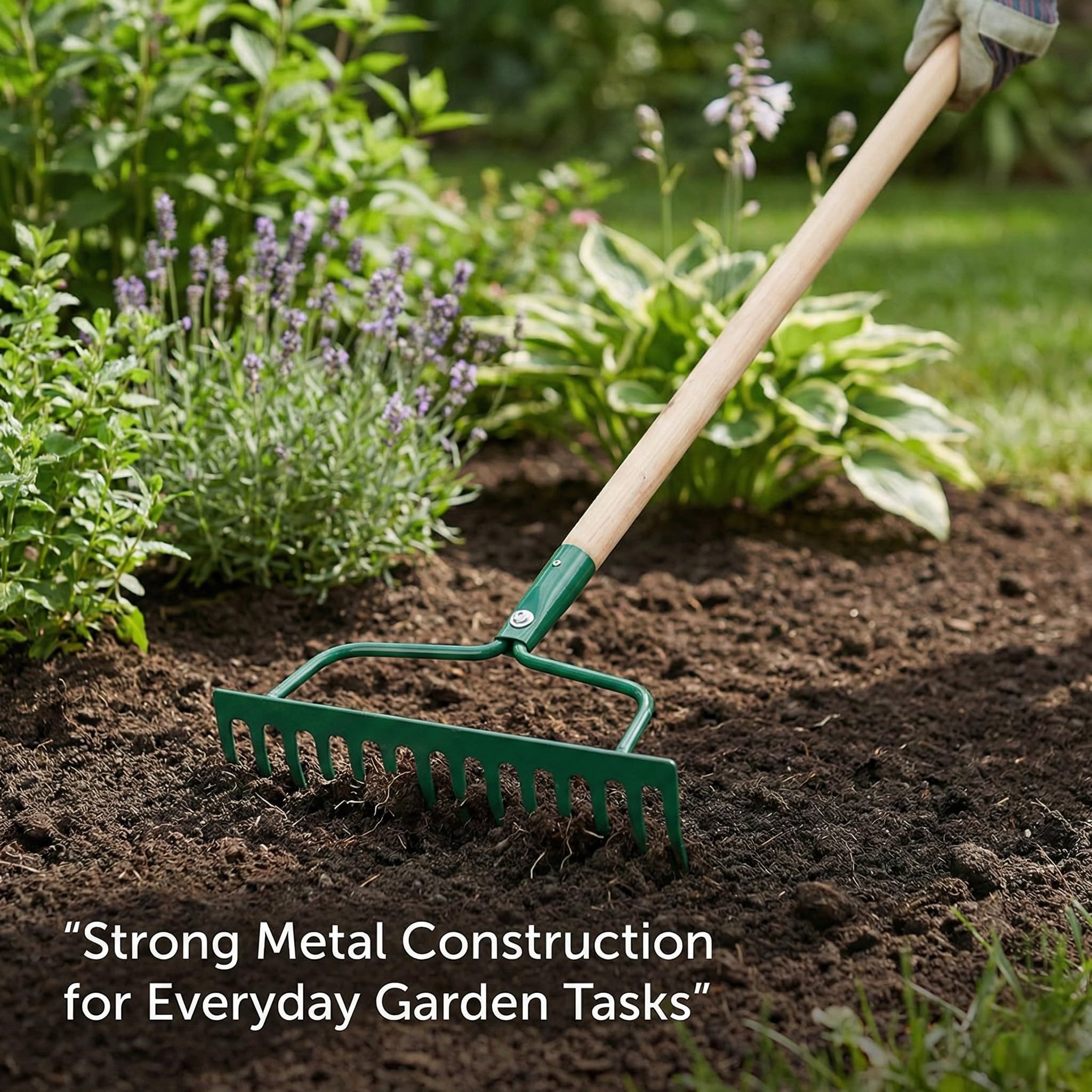 Egardenkart Garden Rake Outdoor - Metal Garden Leaf Rake with Long Wooden Stick for Gardening Tools