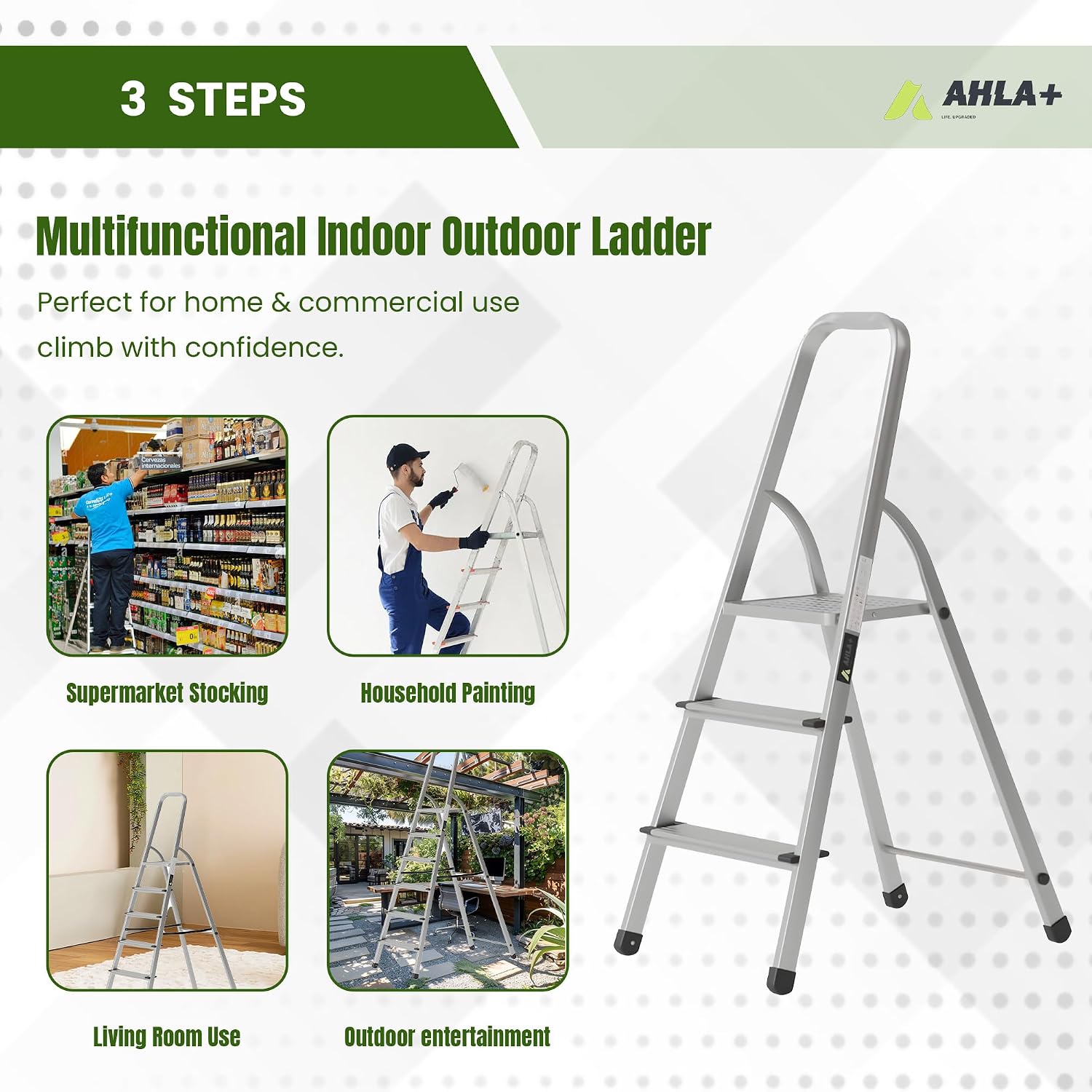 Ahla+® Aluminium Step Ladder Anti-Slip | Foldable | Portable Lightweight  3 Step
