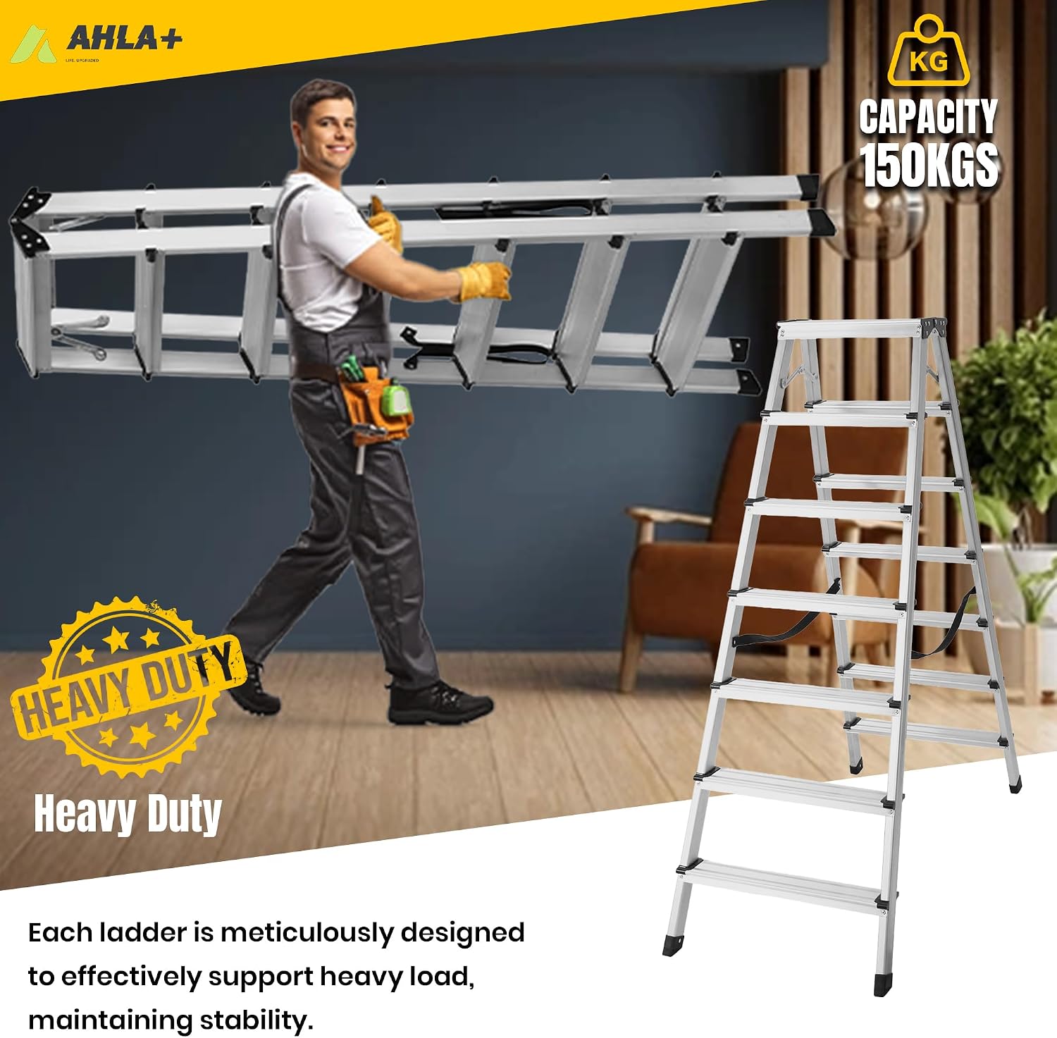 Aluminium Step Ladder - Double Side Foldable Ladder | Anti-Slip Step Ladder for Home, Kitchen, Garden, Office | Lightweight, Portable Aluminium Ladder for Indoor and Outdoor Use (Silver)